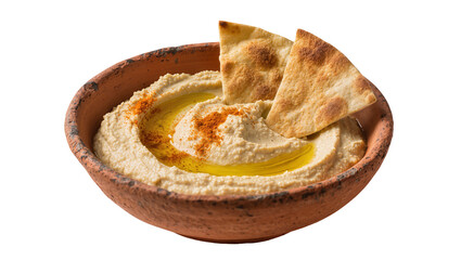 Isolated fresh creamy hummus in a rustic bowl with pita bread, olive oil, and paprika