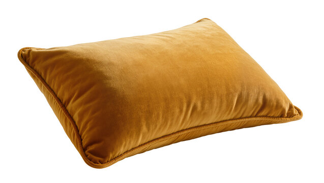 Isolated elegant plush mustard yellow velvet decorative pillow for cozy and stylish home interior