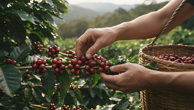 Close up of hands harvesting organic coffee cherries