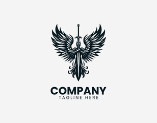 Fototapeta premium Winged warrior angel holding sword in clean modern fantasy guardian vector illustration style