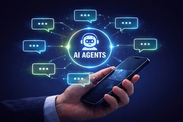 Fototapeta premium AI Agents Conversational Automation and Smart Chatbot Communication on Mobile Device