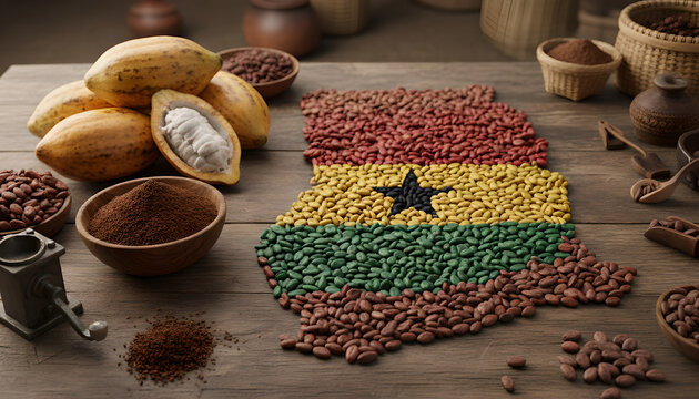 Raw cacao pods and powder with Ghana flag map