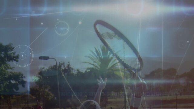 Animation of data processing over caucasian tennis player