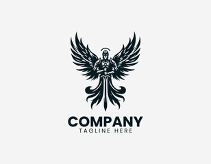 Obraz premium Winged warrior angel holding sword in clean modern fantasy guardian vector illustration style