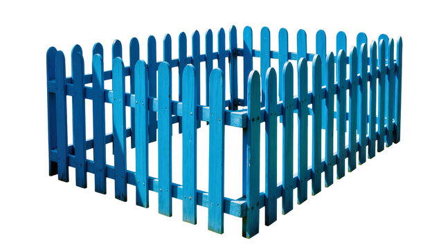 Isolated vivid blue painted wooden picket fence forming a decorative square border