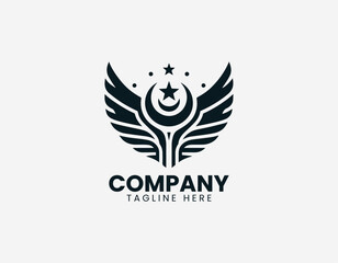 Obraz premium Crescent moon and star winged emblem in clean modern celestial vector illustration style