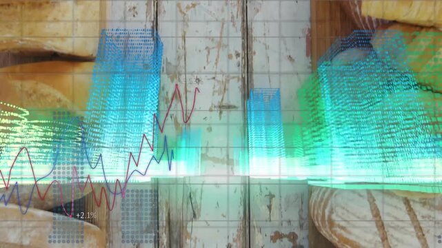 Animation of data processing over bread on wooden background