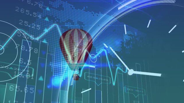 Animation of data processing and clock over hot air balloon on blue background