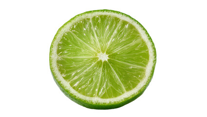 Isolated vibrant green fresh lime citrus fruit slice cross section, juicy and healthy ingredient