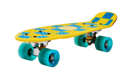 Isolated bright yellow and blue pattern skateboard with translucent teal wheels © Pablo