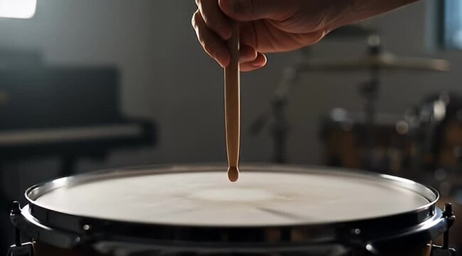 Hand holding a drumstick above the drum creating a ripple effect