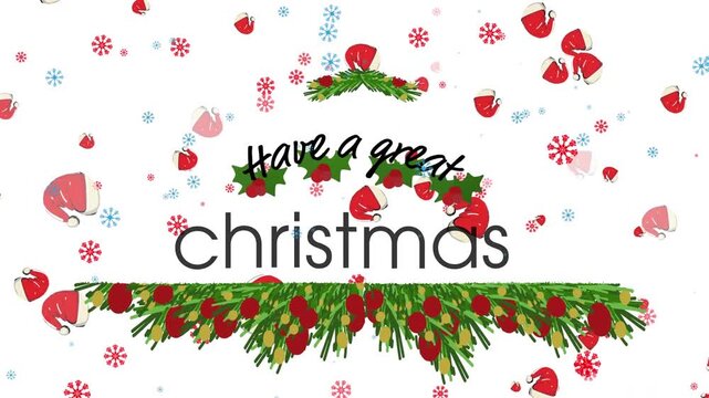 Animation of snowflakes and santa hats falling over merry christmas text banner on white background