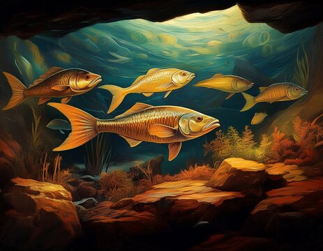 ancient cave art depicting fish on rock surface in dim light