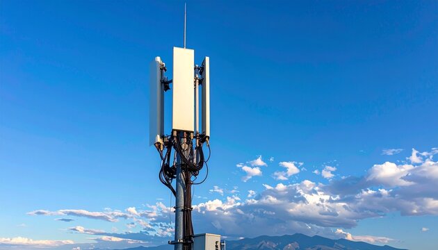 青空を背景にそびえ立つ5G通信基地局のアンテナタワー