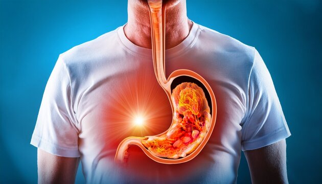 acid reflux and heartburn or gastroesophageal disease or gerd as an open sphincter with an iflamed esophagus as a medical symbol for regurgitation and a burning sensation in the chest