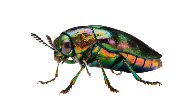 Isolated vibrant iridescent jewel beetle showcasing its stunning metallic colors in a detailed side view