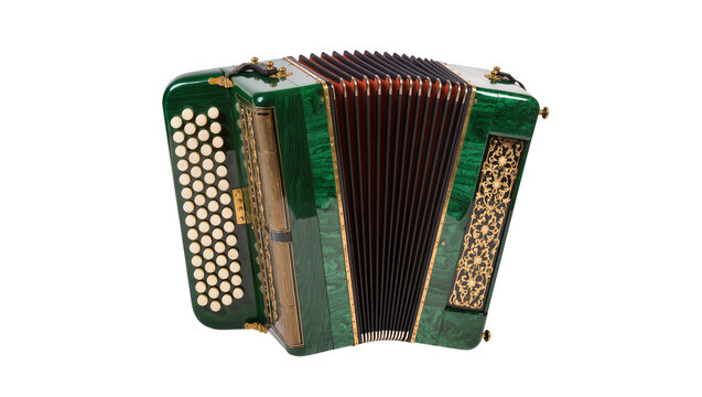 Isolated beautiful vintage green accordion musical instrument with decorative gold accents and rich wood grain.