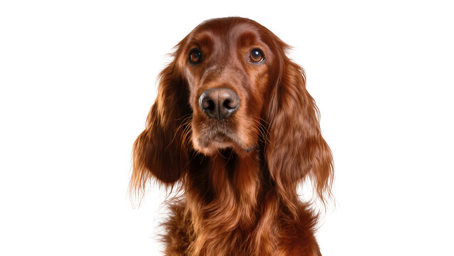Isolated Irish Setter dog portrait with beautiful reddish brown fur and gentle expression