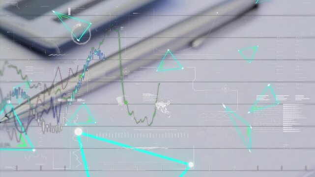 Animation of multiple graphs and geometric shapes moving over notepad, calculator and pen