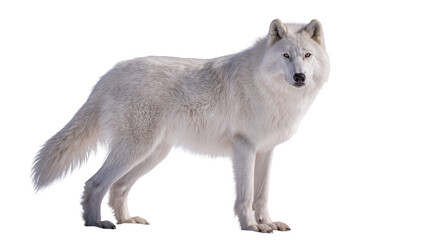 Isolated majestic arctic white wolf standing, looking at camera with striking golden eyes. © Pablo