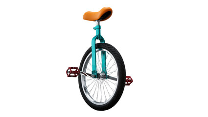 Isolated single-wheel unicycle with a vibrant teal frame, orange seat, and red pedals. © Pablo