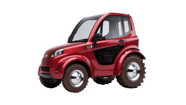 Isolated red compact electric utility vehicle with robust knobby tires and modern design.