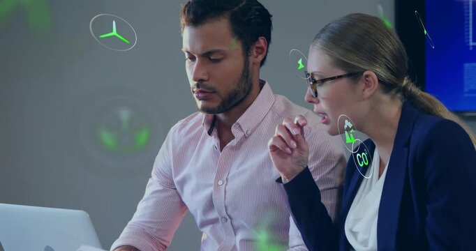 Animation of eco icons and data processing over diverse business people in office