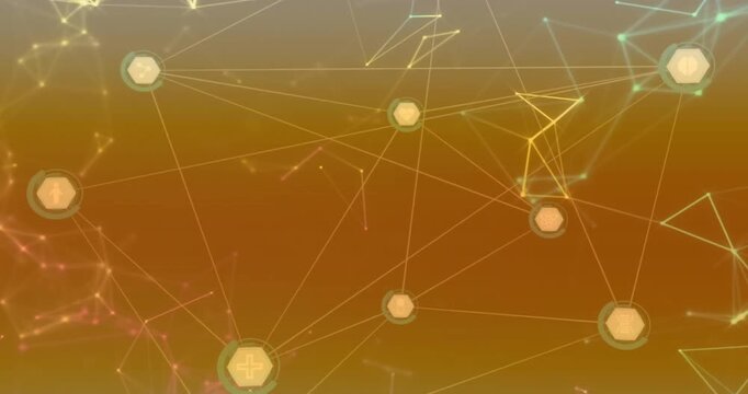 Animation of network of connections with icons on orange background