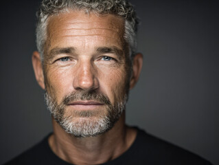 Obraz premium Portrait of a mature thoughtful man with curly gray hair and beard looking confidently into the camera against a dark blurred background