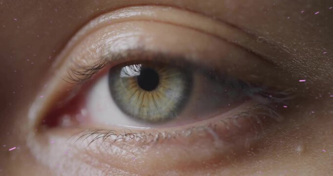Female eye initiating playback remaining open then blinking and descending eyelid for eye tracking