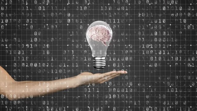 Binary digits flowing starting arm entering, lightbulb descending rotating brain symbolizing idea