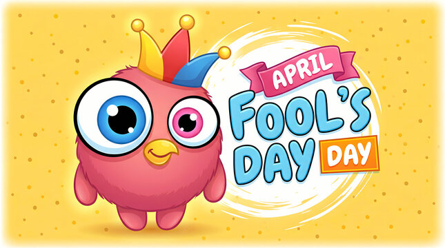 Cute pink bird wearing colorful jester hat celebrating April Fool's Day with playful background