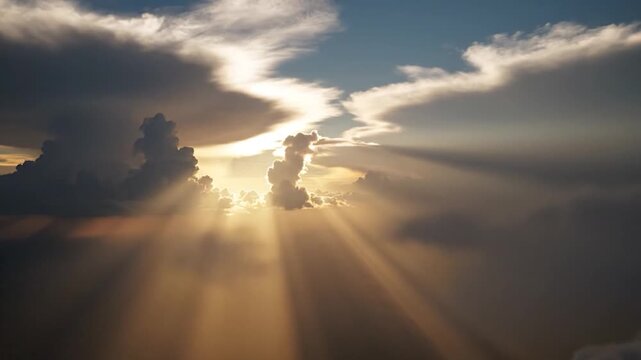 Golden sun rays pierce through dramatic clouds in a beautiful sky