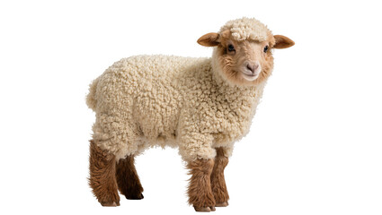 Isolated adorable young lamb with fluffy curly wool posing against a plain backdrop © Paula