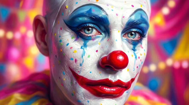 Close-Up Portrait of Person with Colorful Clown Makeup and Red Nose