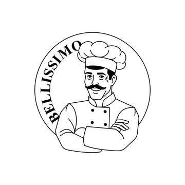 chef with a mustache, wearing a toque. Logo concept for Bellissimo restaurant, pizzeria, or culinary service.