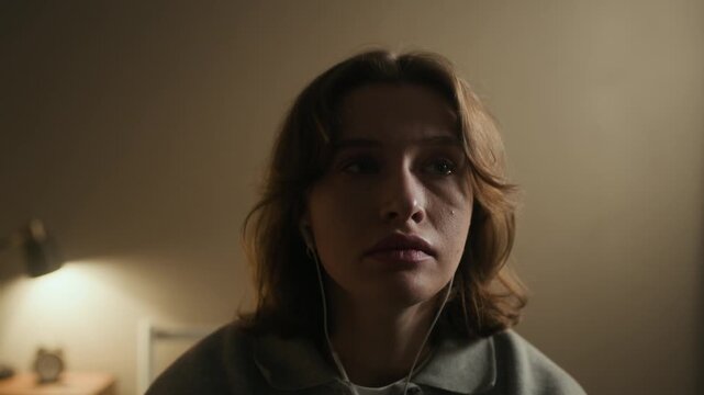 Handheld zoom out shot of upset Caucasian gen z girl listening to music in wired earphones and crying while sitting in bedroom at night