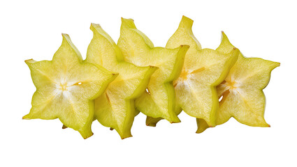 Naklejka premium Isolated close up of fresh vibrant yellow star fruit slices, healthy tropical carambola