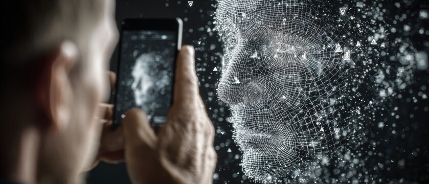 The hidden dangers behind the glamour of tech innovations. Clear focus. Beyond the screen: unveiling complexity in holographic tech warnings. Strong contrast. Blank background.