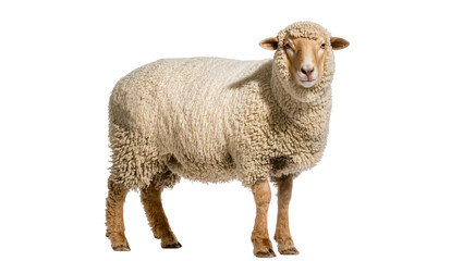 Isolated full body portrait of a domestic sheep with a thick woolly fleece. © Paula