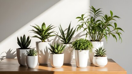 Fototapeta premium Modern potted plants in white ceramics with bright morning sunlight