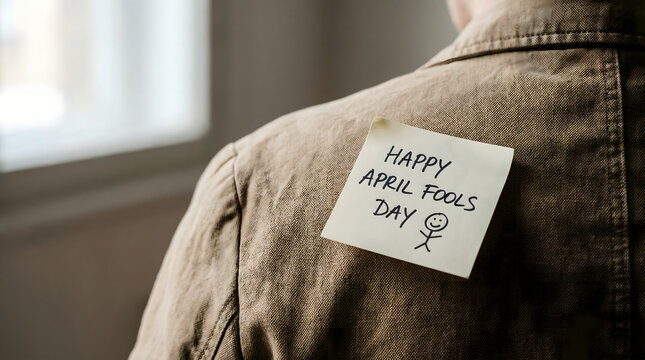 Happy April Fools Day Sticky Note on Brown Jacket Back with Prank Message
