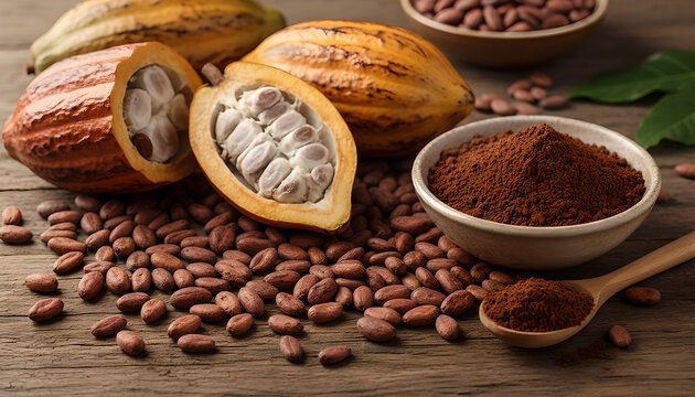 Raw cocoa pod split open showing white pulp seeds