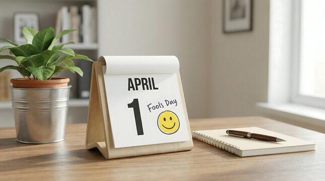 Desk calendar showing April 1 with fools day note and smiley face