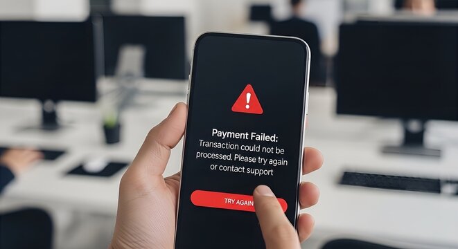 Smartphone screen showing payment failed transaction error with a try again button in a modern corporate office background.