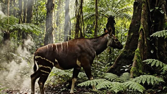Majestic Okapi Emerges From Mist Shrouded Congo Rainforest