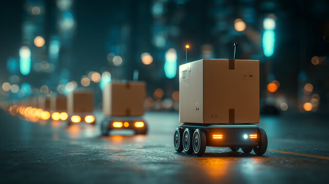 Autonomous delivery robot transporting cardboard package in smart city street futuristic last mile logistics technology concept