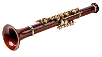 Obraz premium Isolated elegant wooden wind instrument with polished brass keys for classical music performance
