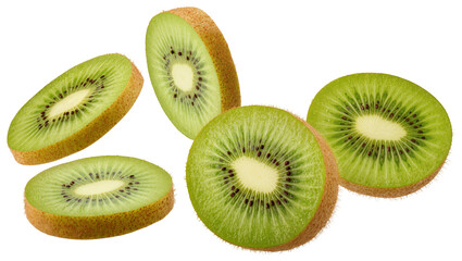Fototapeta premium Isolated fresh ripe kiwi fruit slices showing vibrant green flesh and brown skin