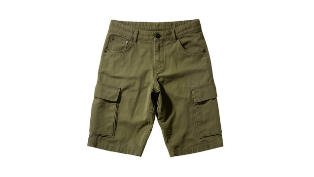 Isolated men's casual olive green cargo shorts laid flat, comfortable garment for summer